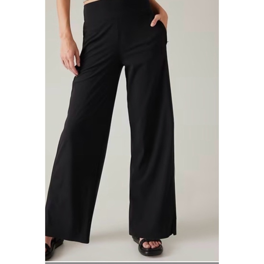 Athleta Cosmic Wide Leg Pants Women 12 Black High Rise Stretch Travel Minimalist